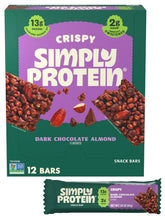 Simply Protein Dark Chocolate Almond Crispy Bar packaging front showcases on-the-go protein boost