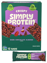 Simply Protein Dark Chocolate Almond Crispy Bar packaging front showcases on-the-go protein boost