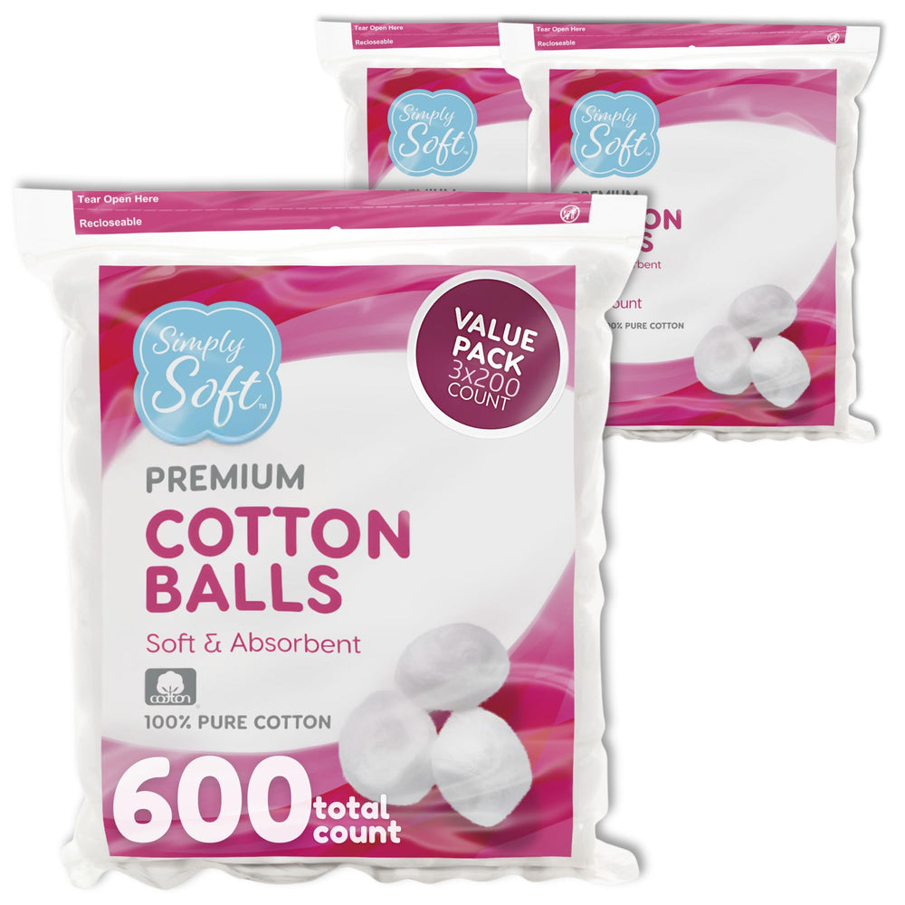 Simply Soft cotton balls 600-count pack with smooth texture for gentle skincare.