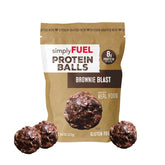 SimplyFUEL Brownie Blast protein balls in a pack for convenient on-the-go snacking.