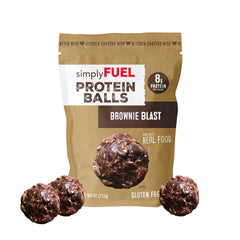 SimplyFUEL Brownie Blast protein balls in a pack for convenient on-the-go snacking.