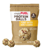 SimplyFUEL Protein Balls close-up showing peanut butter honey almond flavor.