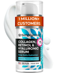 SimplyVital Collagen Retinol Hyaluronic Serum bottle shows a lightweight, hydrating formula for daily use.