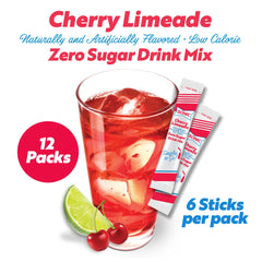 SINGLES TO GO Cherry Limeade in a glass with ice and water.
