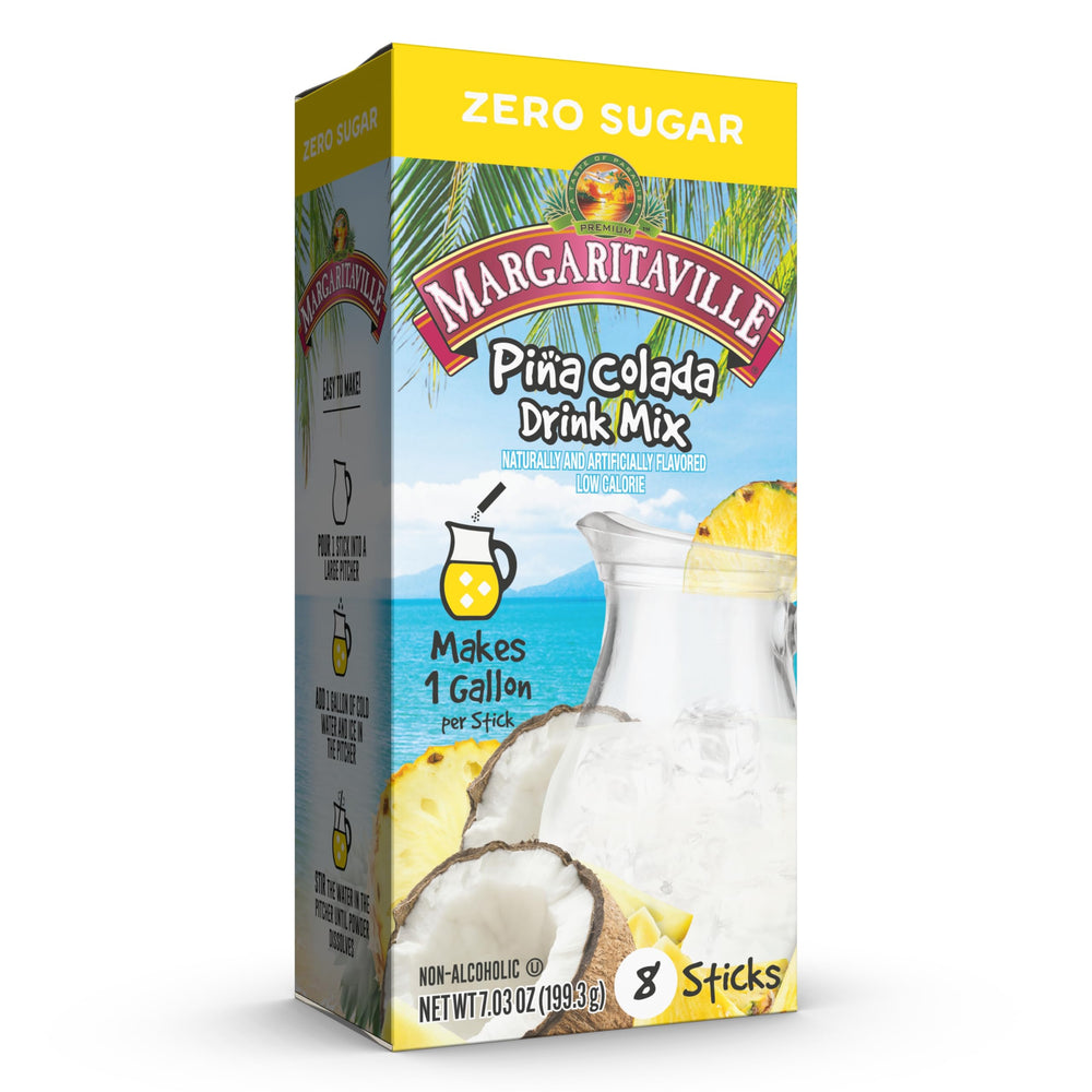 SINGLES TO GO! Margaritaville Pina Colada stick for quick, zero-sugar flavor in a gallon bottle.
