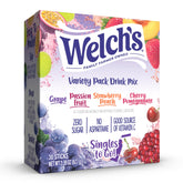 Welch's Singles To Go variety pack box front shows four flavors for on-the-go hydration