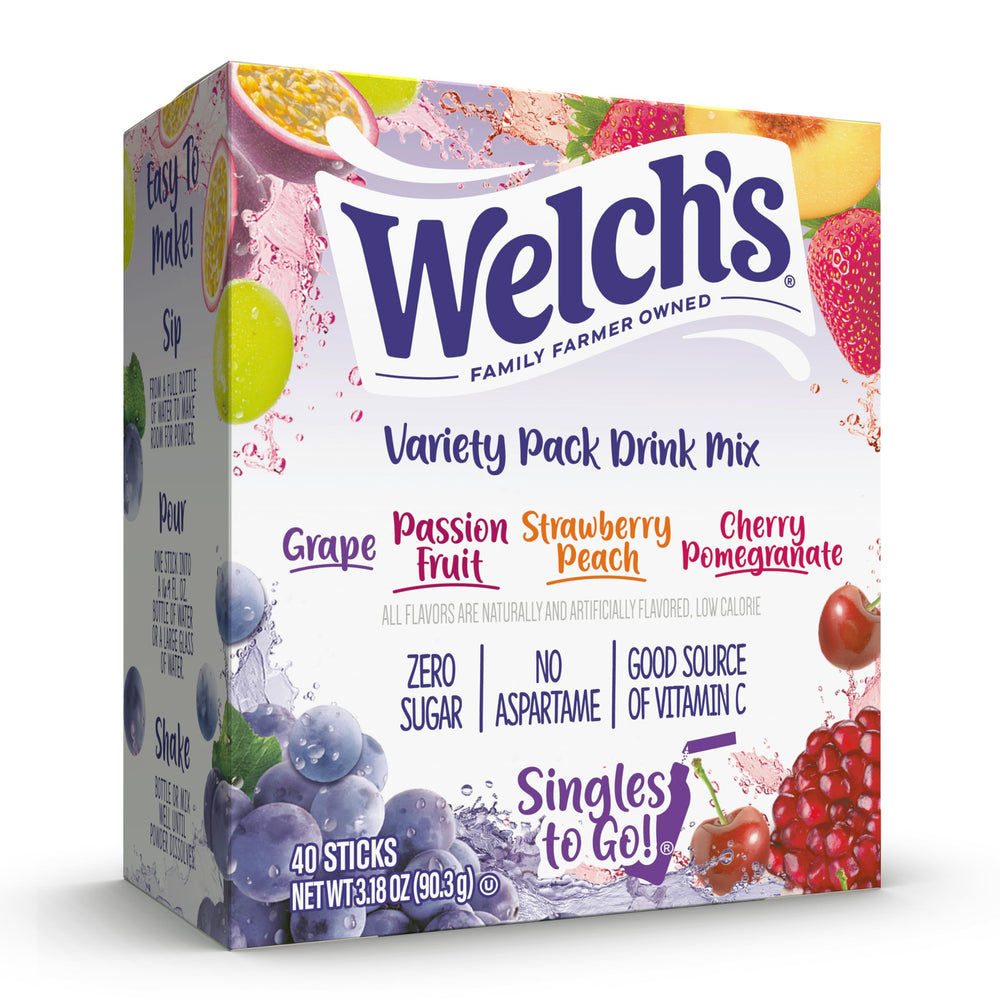 Welch's Singles To Go Variety Pack box, convenient on-the-go flavor boost with low calories.
