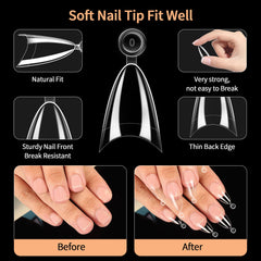 SITELENABY almond tips closeup reveals clear gel for natural length.