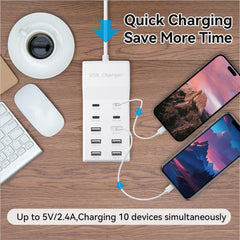 SIWMER USB charging station side view showing six USB-A and four USB-C ports.