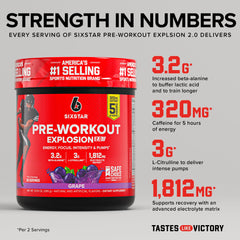Six Star Explosion grape scoop highlights easy pre-workout serving.