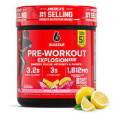 Six Star Pink Lemonade pre-workout tub, front view signaling a flavorful energy boost.