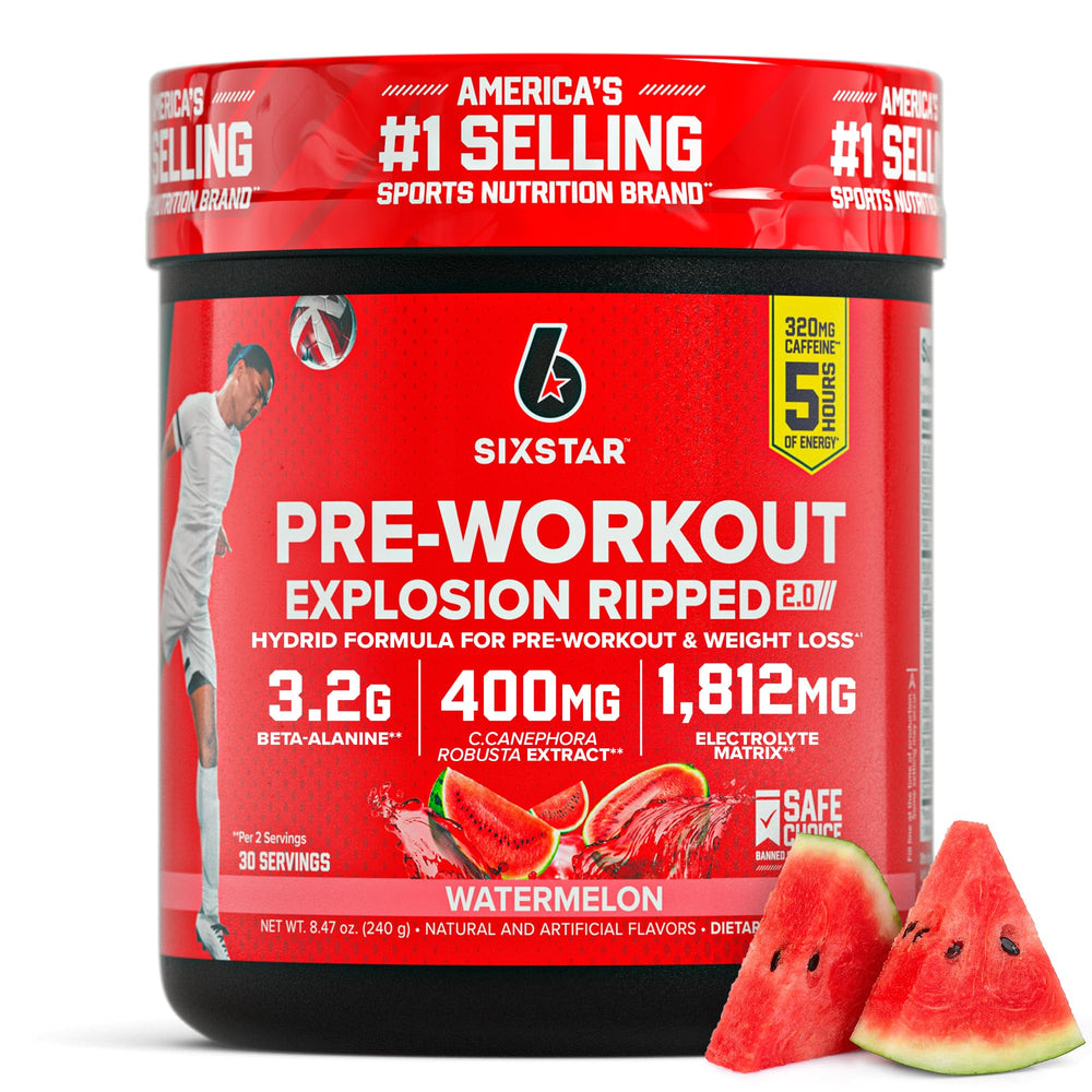 Six Star Pre-Workout Explosion Watermelon bottle ready to fuel workouts with sustained energy.