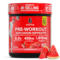 Six Star Pre-Workout Explosion Watermelon bottle ready to fuel workouts with sustained energy.