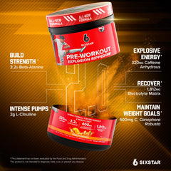 Six Star Pre-Workout Explosion Peach Mango mixer dissolves easily for hydration.