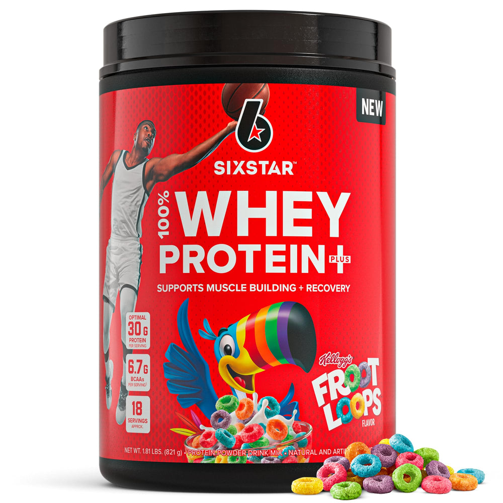 Six Star Whey Protein Plus bottle pouring after a workout to fuel recovery.