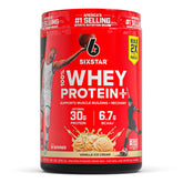 Six Star Whey Protein Plus bottle with vanilla cream for post-workout recovery