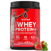 Six Star Whey Protein Plus scoop ready for post-workout protein boost.