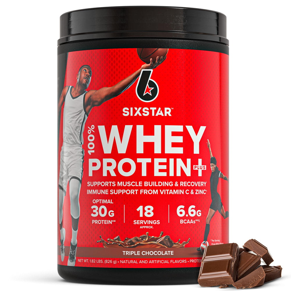 Six Star Whey Protein Plus triple chocolate tub for post-workout fueling.
