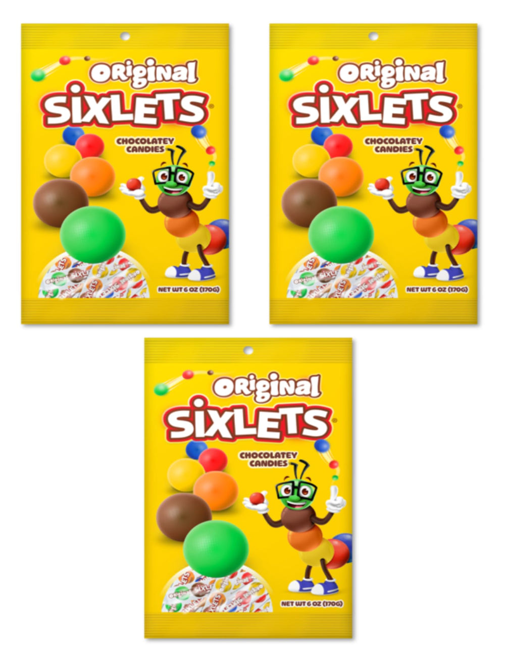 Sixlets Original candy shells close-up showing vibrant colors and a chocolatey center for festive desserts.