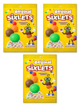 Sixlets Original candy shells close-up showing vibrant colors and a chocolatey center for festive desserts.