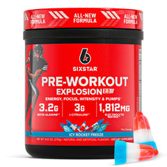 Six Star Pre-Workout Explosion 2.0 icy-rocket-freeze tub ready for a high-energy training session.