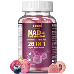 Sizyok NAD Resveratrol Gummies bottle showing 60 sugar-free gummies for daily antioxidant support.