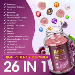 Sizyok NAD Resveratrol Gummies ingredients list with hydrolyzed collagen and grape seed extract.