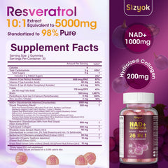 Sizyok NAD Resveratrol Gummies serving count highlights a convenient 30-day supply.