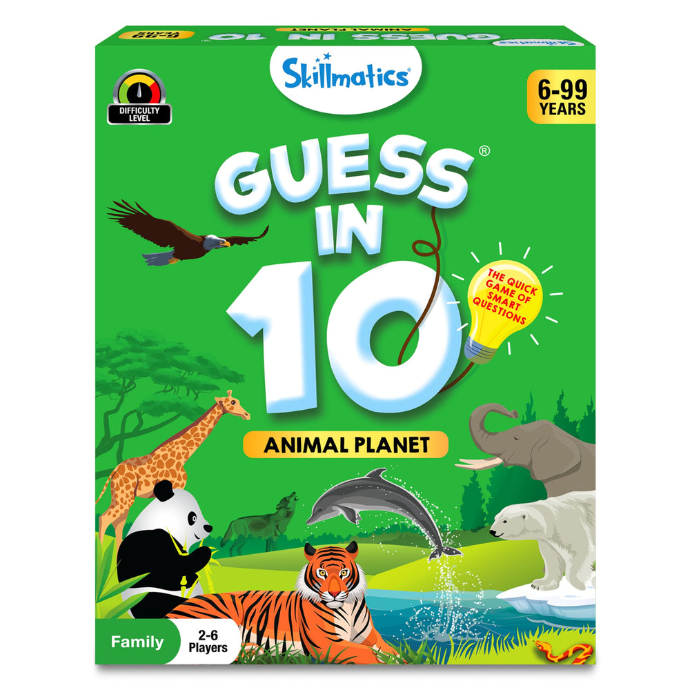 Skillmatics Guess in 10 Animal Planet game card close-up showing colorful animal silhouettes for fast play.