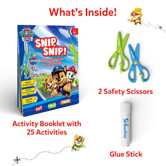 Child uses safety scissors beside Skillmatics book for precise cutting.