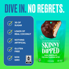 SkinnyDipped coconut almond bites ingredients emphasize gluten-free and Fair Trade sourcing.