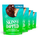 SkinnyDipped packaging with bites, four-pack ideal for on-the-go snacking.