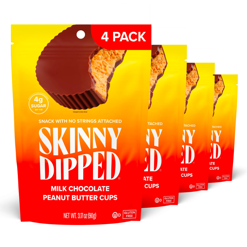 SkinnyDipped milk chocolate peanut butter cups pack with four bags – low sugar indulgence.