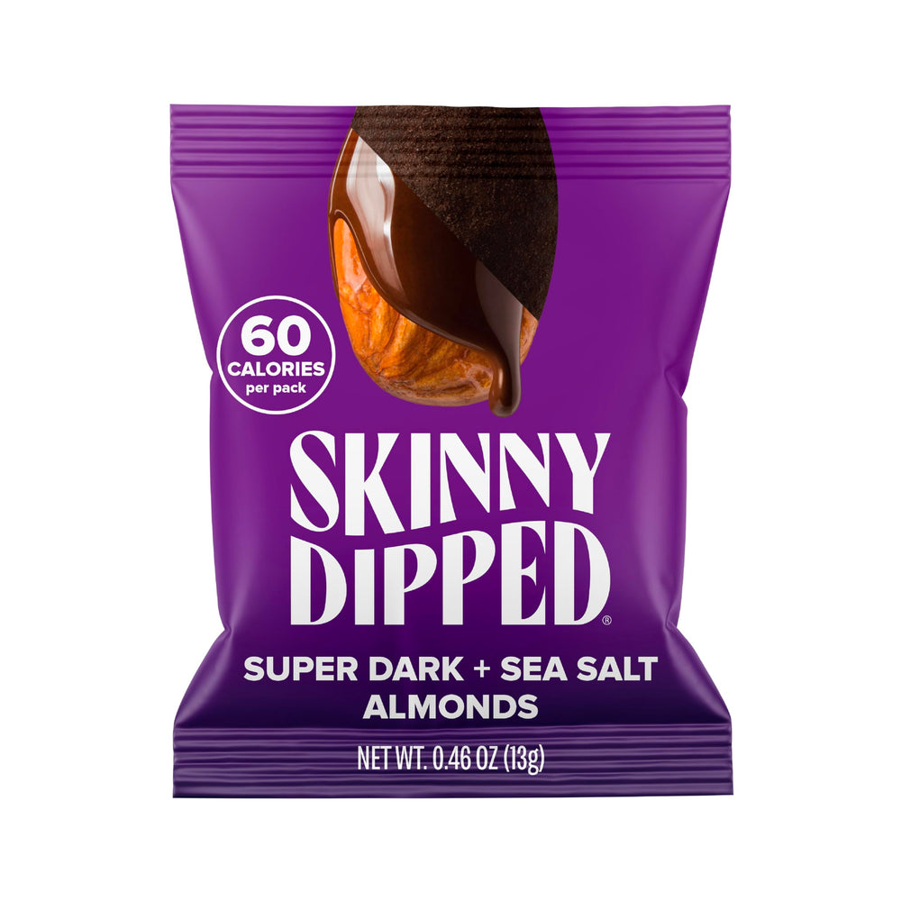 SkinnyDipped super dark almonds in a glossy coat, a vegan-friendly on-the-go snack.