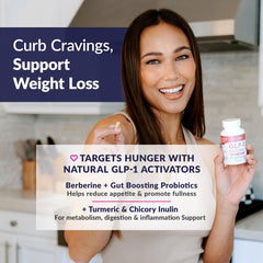 Label of SkinnyFit GLP-1 Natural Probiotic Supplement highlighting non-GMO and gluten-free benefits.