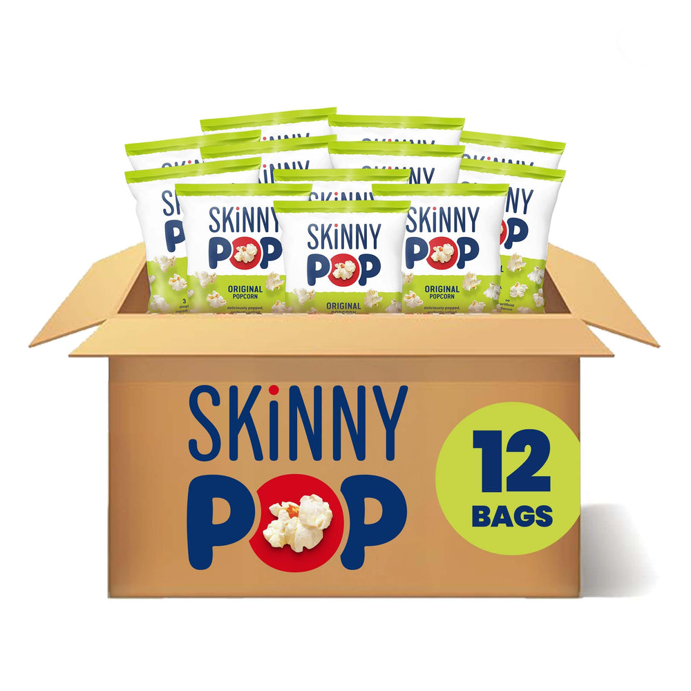SkinnyPop Original 1oz bag close-up showing simple ingredients and light, crispy texture.