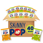 SkinnyPop Original bags front view in a 40-count box, perfect lunchbox snack.