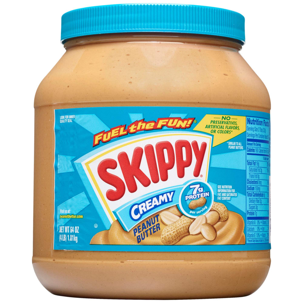 SKIPPY creamy peanut butter jar showing smooth spread and real roasted peanuts.