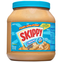 SKIPPY creamy peanut butter jar showing smooth spread and real roasted peanuts.