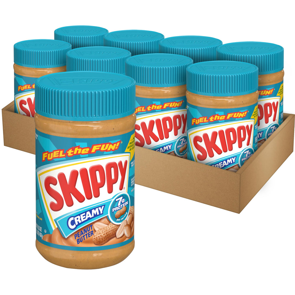 SKIPPY Creamy Peanut Butter jar showing a smooth spread for easy snacks