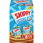 SKIPPY creamy peanut butter squeeze packs arranged in an 8 box display for lunches
