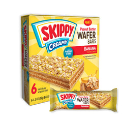 SKIPPY creamy peanut butter wafer bar banana-flavor with real fruit and oats for quick energy.