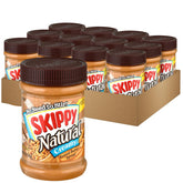 SKIPPY Natural Peanut Butter Spread creamy jar closeup with real peanuts and no oil separation.