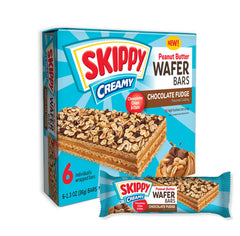 SKIPPY wafer bar unwrap shows creamy peanut butter with chocolate fudge and crisp wafers