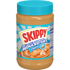 SKIPPY reduced fat creamy peanut butter spread jar with smooth texture for quick snacks.