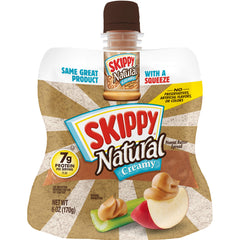 SKIPPY Squeeze natural creamy packaging shows mess-free, portable peanut butter.