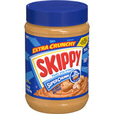 SKIPPY Super Chunk peanut butter jar close-up highlighting chunky texture for snacks.