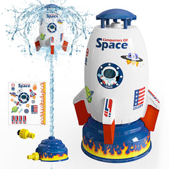 Skirfy Sprinkler Rocket Launcher unboxing shows colorful rocket design and stickers.