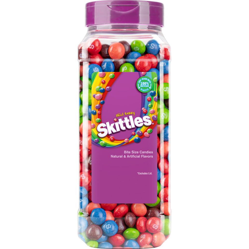 Skittles Wild Berry chewy candy in a jar, ideal for sharing during gatherings.