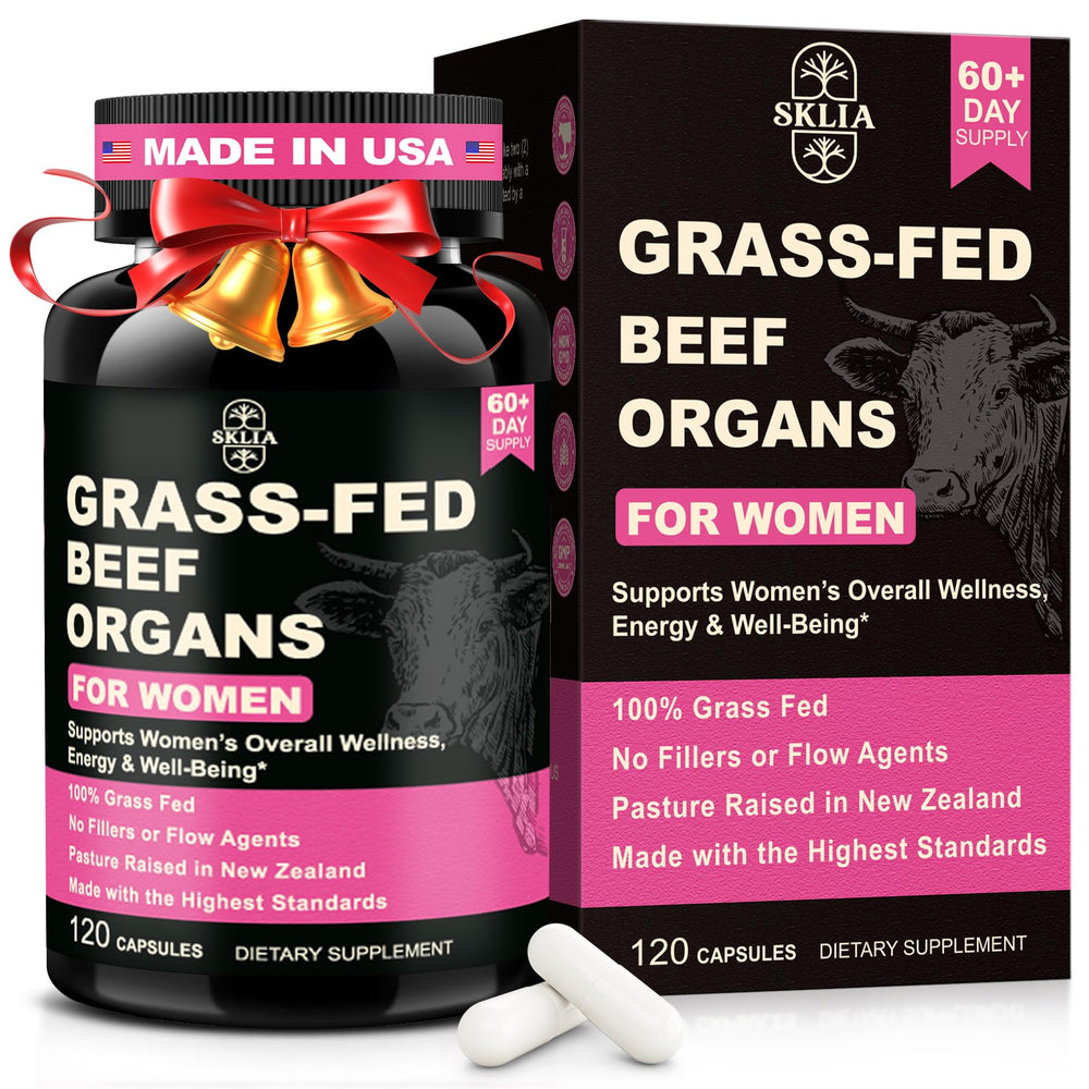 SKLIA Beef Organ Supplement for Women bottle on counter highlighting daily use benefits